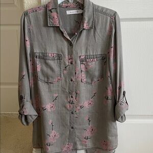 Gray and Pink Floral Button Down Shirt